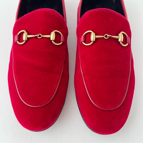 GUCCI | Red Velvet Velour Jordaan Horsebit Loafers Flats EU 37 - Picture 4 of 13